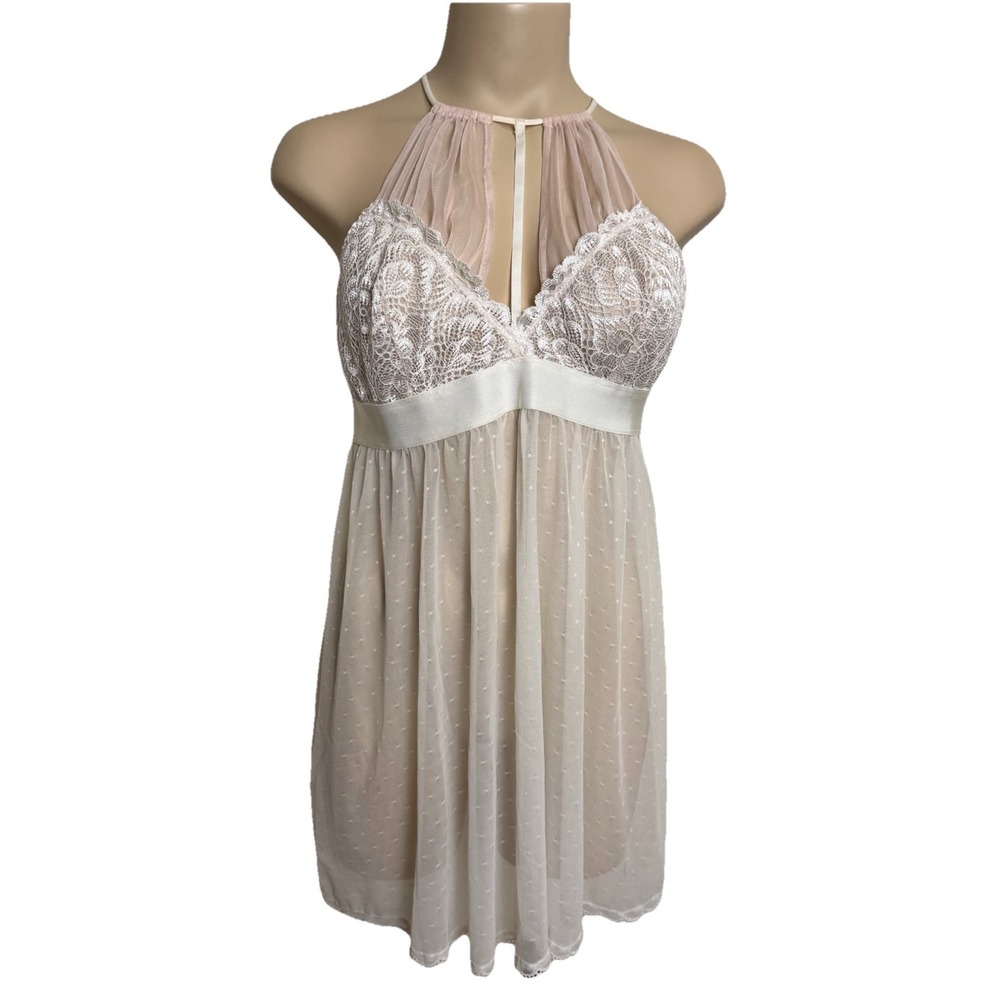 Seductive Wear by Cinema‎ Etoile L White Sheer Lace Babydoll Coquette High Neck